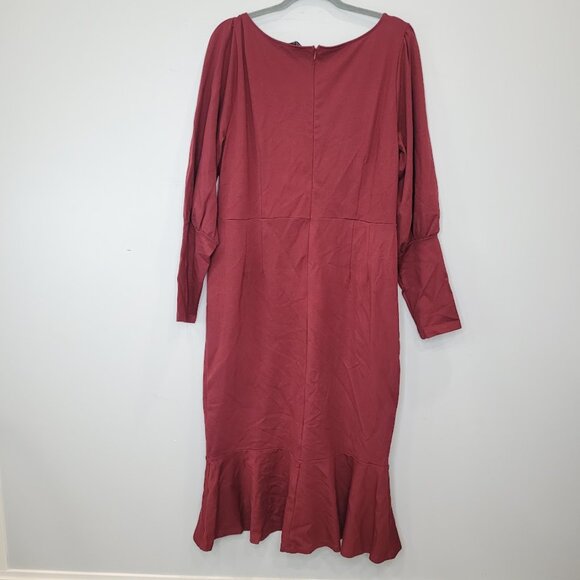 Eloquii Maroon Plus Balloon 3/5 Sleeve Red Ruffle Bodycon Burgundy Midi Dress 20 - Picture 7 of 10